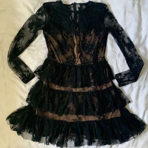 COPY - Bailey tiered ruffled black lace body-con dress nude stretch lining USA …